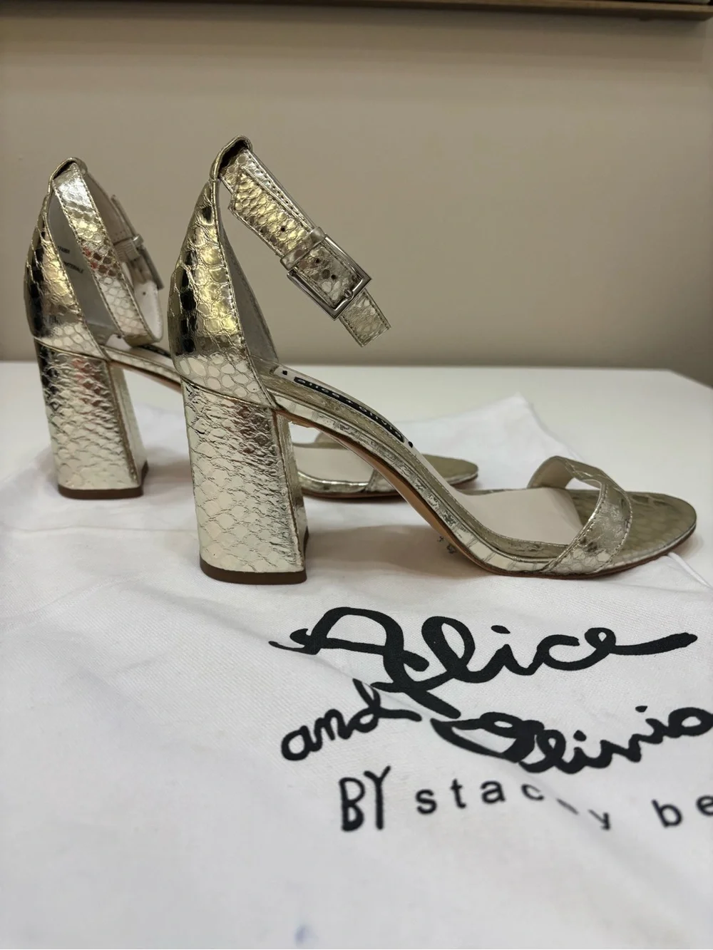 🌟 Alice + Olivia Gold Snake-Embossed Ankle Strap Sandals - NWT